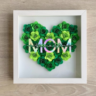 Handmade Mom with Kids Name Shadow Box Heart Shaped Monogram Flower Shadow Box Mothers Day Gift